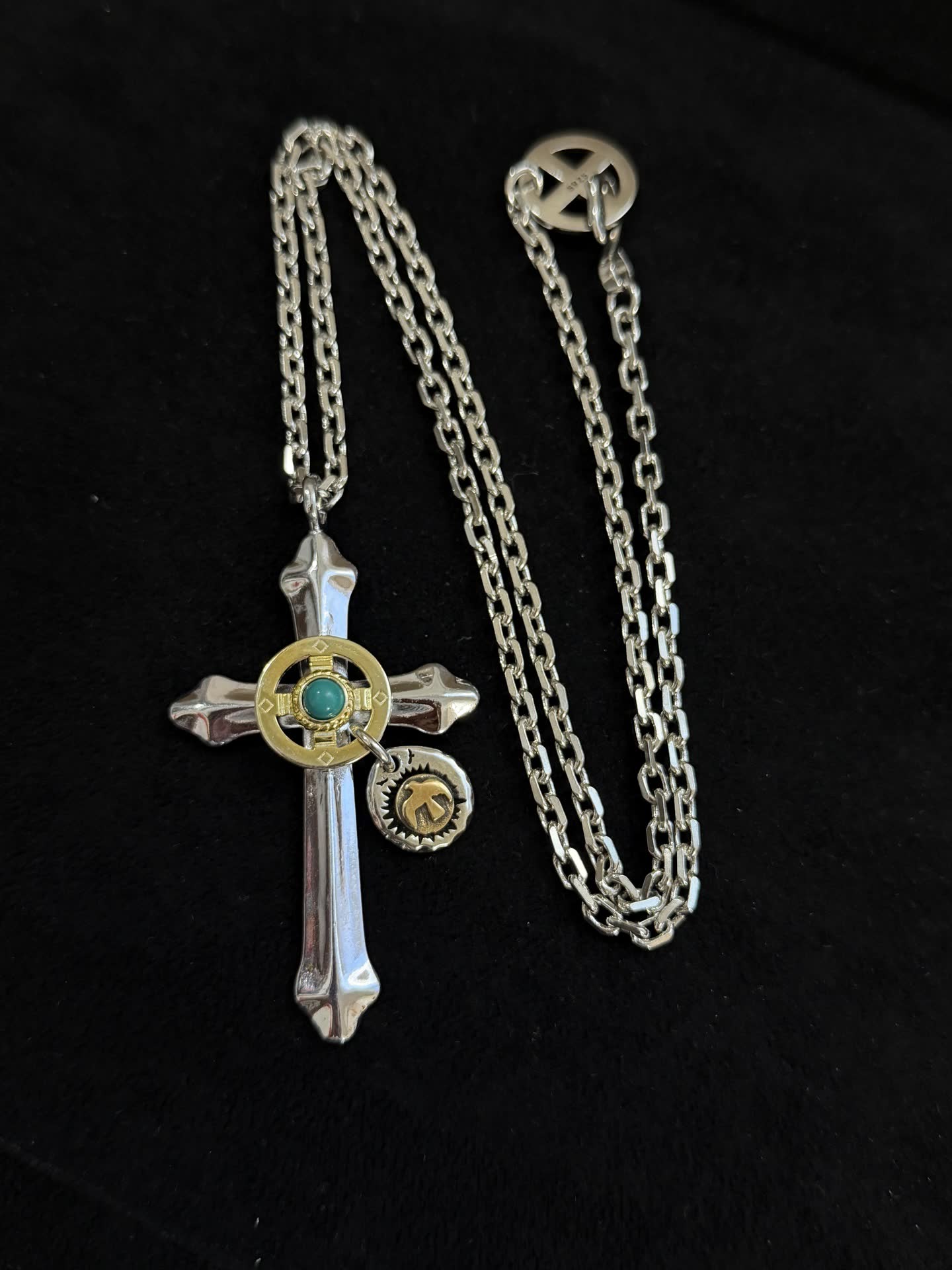 Chrome Hearts Silver Cross Pendant with Turquoise and Gold Accents